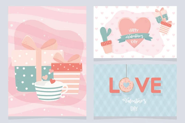 Happy valentines day banners with cactus and icons — Vetor de Stock