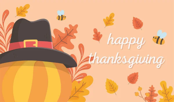 Happy thanksgiving pumpkin with hat bees leaves celebration — Image vectorielle