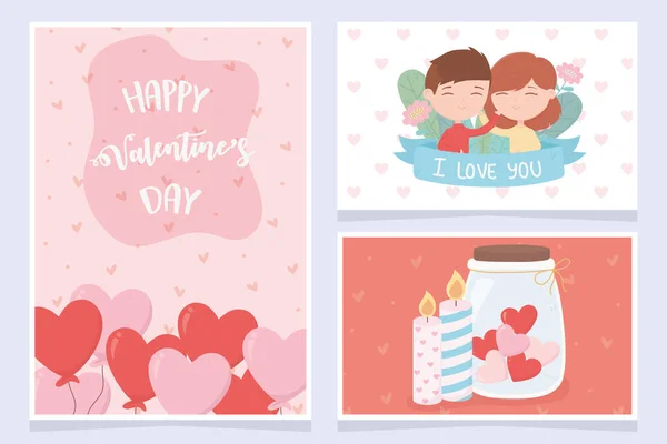 Happy valentines day happy valentines day cute couple with balloon heart candles banners — Vetor de Stock