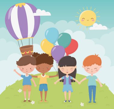happy childrens day, kids holding hands balloons hot air balloon park
