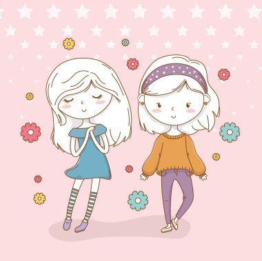 beautiful little girls couple with pastel colors and flowers