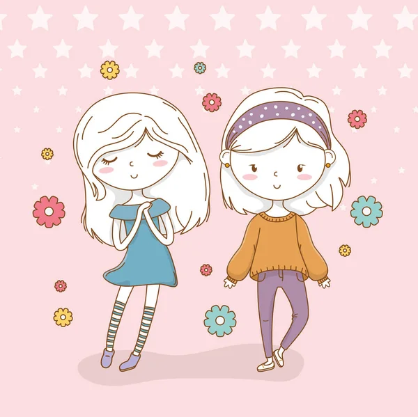 Beautiful little girls couple with pastel colors and flowers — Image vectorielle