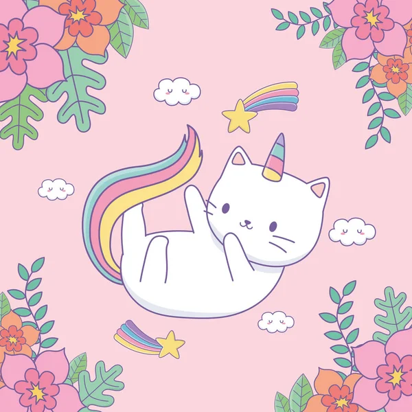Cute caticorn with floral decoration and rainbow — Vettoriale Stock