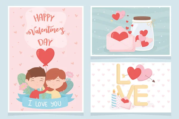 Happy valentines day happy valentines day cute couple with balloon heart message love banners — Vetor de Stock