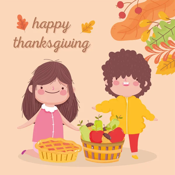 Happy thanksgiving day cute girl and boy pie and filled basket fruits — Vetor de Stock