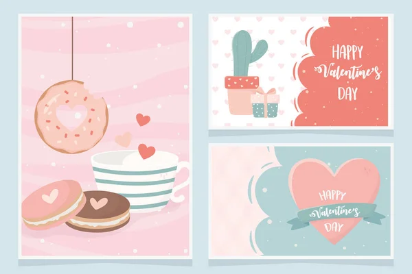 Happy valentines day cactus gift cookies donut heart love banners — Vetor de Stock