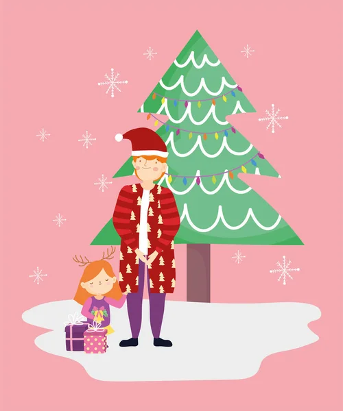 Vater und Tochter mit Geschenken Baum frohe Weihnachten, frohes neues Jahr — Stockvektor