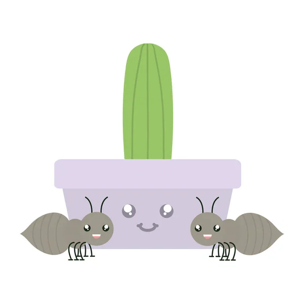 Cactu in ceramic pot and ants kawaii style — Stock Vector