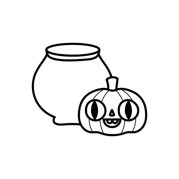 Happy halloween celebration pumpkin and spell cauldron thick line — Stock Vector