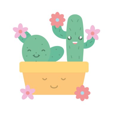 cactu and flowers in ceramic pot kawaii