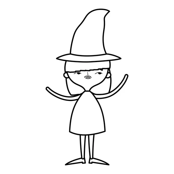 Šťastný halloween oslava dívka čarodějnice a klobouk kostým line styl — Stockový vektor