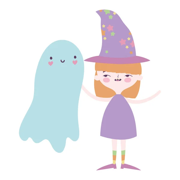 Счастливая девушка на праздновании Хэллоуина в костюме шляпы и с привидениями — стоковый вектор