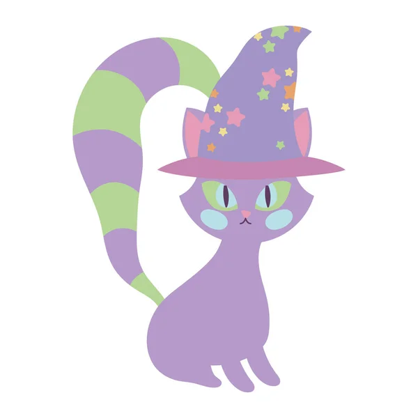 Joyeux halloween fête violet chat assis avec chapeau — Image vectorielle