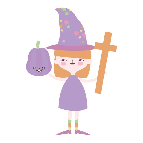 Happy halloween celebration girl witch pumpkin and cross — 스톡 벡터