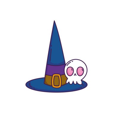 happy halloween celebration scary skull and hat cartoon