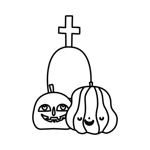 Glad halloween fest pumpor gravsten med cross line stil — Stock vektor