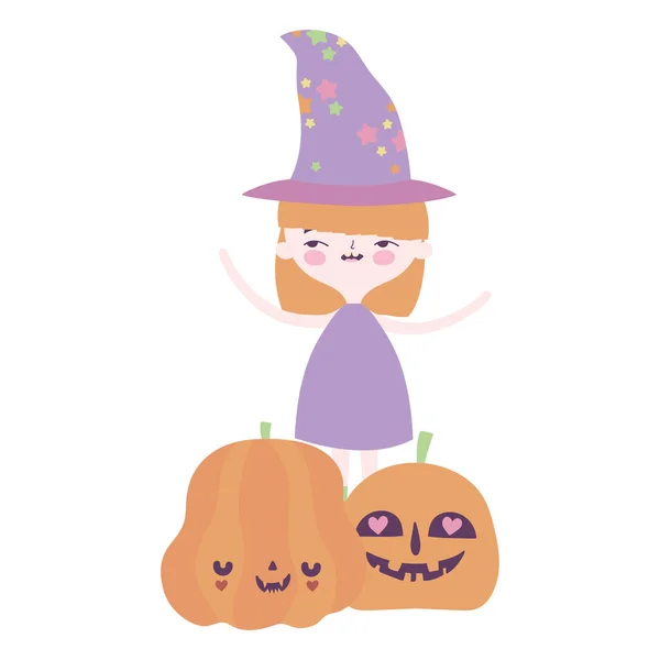 Šťastný halloween oslava dívka čarodějnice kostým a dýně — Stockový vektor