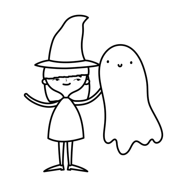 Happy halloween celebration girl with hat costume and ghost line style — Stock Vector