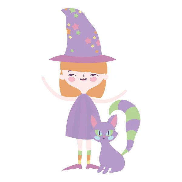 ハッピーハロウィンお祝いの女の子の衣装とともに紫猫 — ストックベクタ