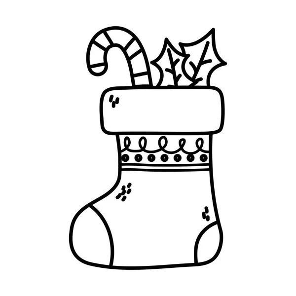 靴下キャンディー杖お祝い幸せなクリスマス太い線 — ストックベクタ