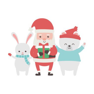Sevimli Noel Baba, hediye ve tavşan ayı mutlu Noeller.