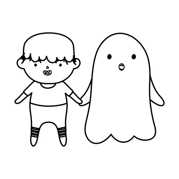 Monstruo y fantasma trajes niños engañan o tratan el diseño halloweenline feliz. — Vector de stock