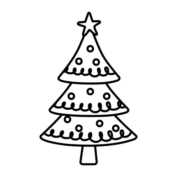 Dekorerad tall träd stjärna bollar glad jul tjock linje — Stock vektor