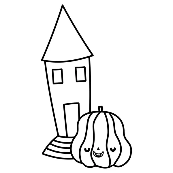 Happy halloween celebration pumpkin and castle line style — Image vectorielle