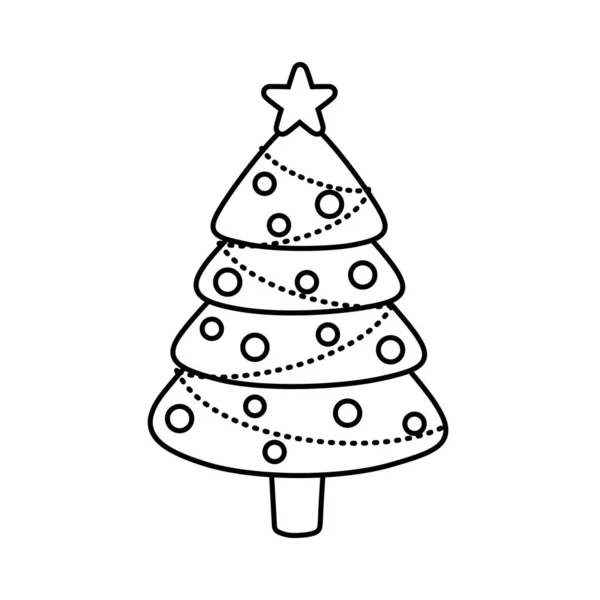 Decorated pine tree star ballsmerry christmas line style — Image vectorielle