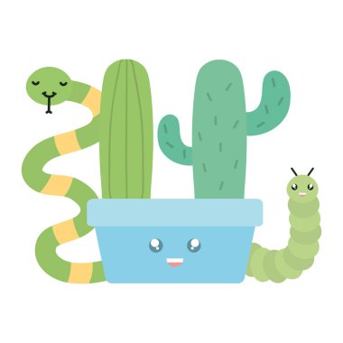cactu in ceramic pot and snake and worm kawaii style