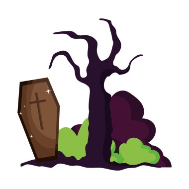coffin dry tree bushes trick or treat, happy halloween