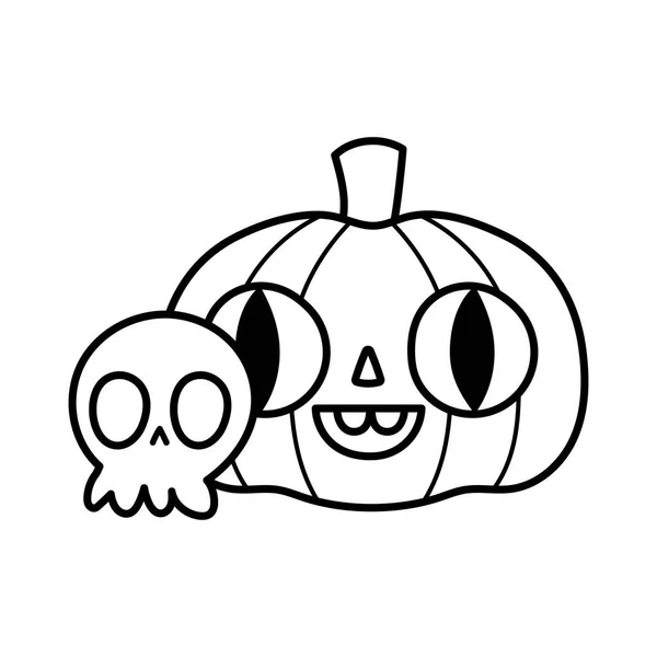 Happy halloween celebration scary skull and pumpkin cartoon thick line — Wektor stockowy