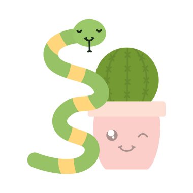 Kaktüs seramik tencere ve yılan kawaii tarzı.