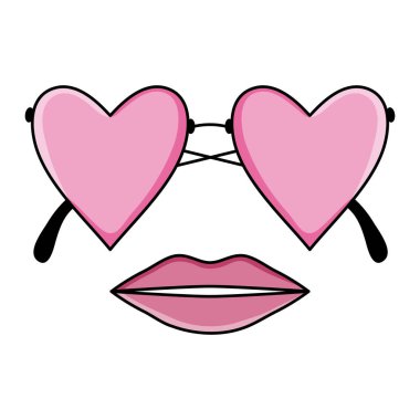 Kalpli moda gözlükleri aşk şekli ve kadın dudakları.