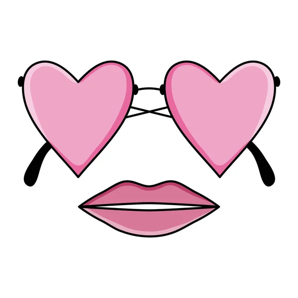 Occhiali di moda con cuori amano la forma e le labbra donna — Vettoriale Stock
