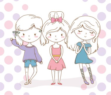 Pastel renkleri ve noktalı arkaplanı olan küçük kızlar grubu.