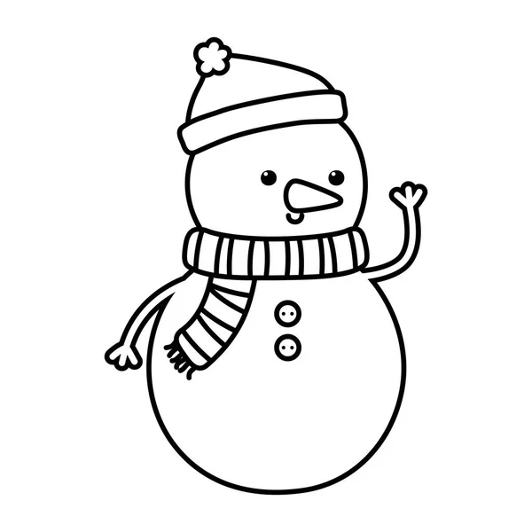 Sneeuwpop met hoed en sjaal decoratie vrolijk kerstmis lijn stijl — Stockvector
