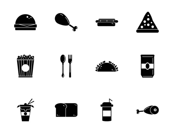 Fast-Food-Menü-Symbole setzen Silhouette — Stockvektor