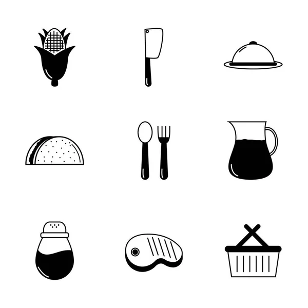 Bbq équipement alimentaire ustensiles ensemble d'icônes — Image vectorielle