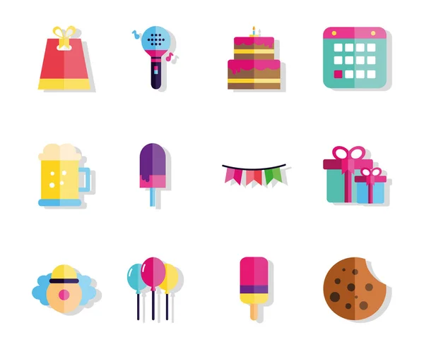 Happy birthday celebration decoration icons set — Stock Vector