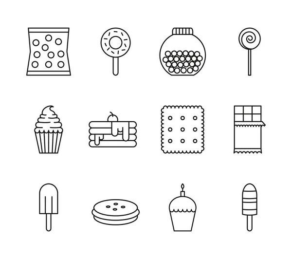 Los iconos dulces y pasteles de postre marcan la línea. — Vector de stock