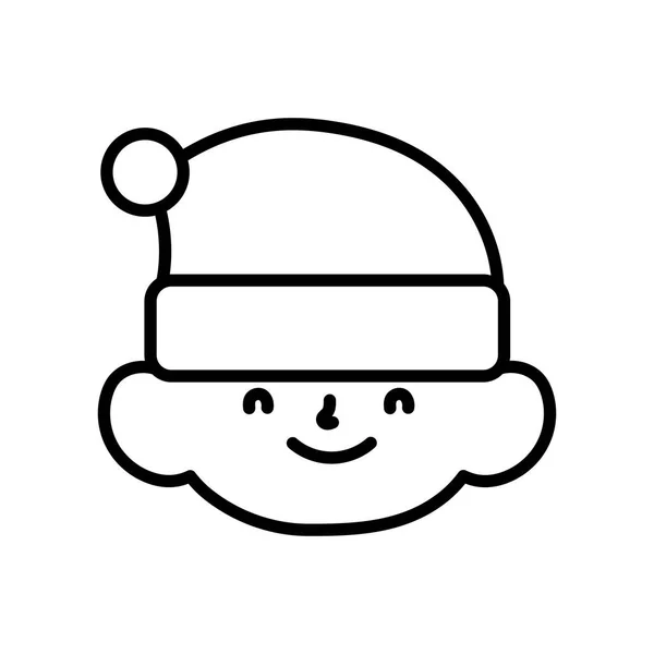 Vrolijk kerstfeest kleine jongen gezicht met hoed van santa dikke lijn — Stockvector