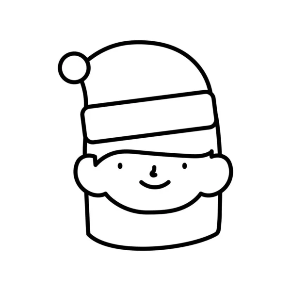 Vrolijk kerstfeest kleine jongen met sjaal hoed van santa dikke lijn — Stockvector