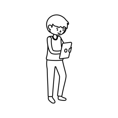 Tablet bilgisayar kullanan genç bir öğrenci çevrimiçi kalın çizgi öğreniyor.