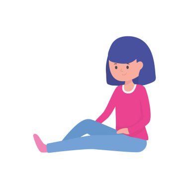 Genç kadın çizgi film karakteri beyaz arka planda oturuyor.