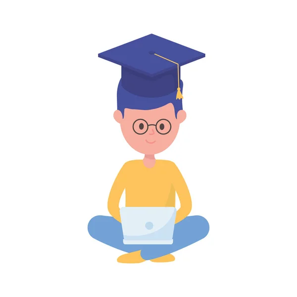 Garçon élève avec ordinateur portatif diplôme chapeau école apprentissage en ligne — Image vectorielle
