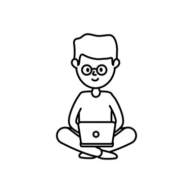 young man student with laptop learning online thick line