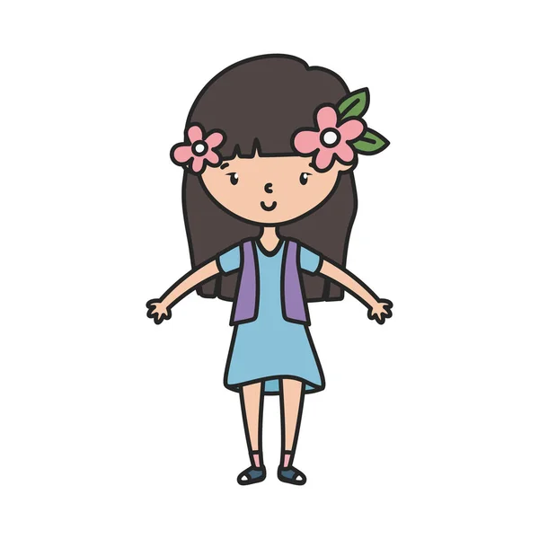 Happy little girl cartoon character with flowers in the hair — стоковый вектор