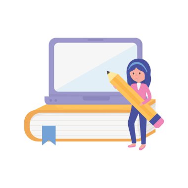 young woman with laptop book and pencil education learning online