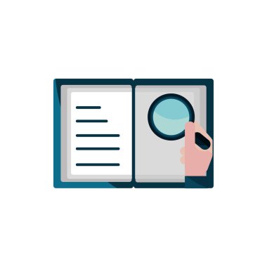 Büyüteç özellik entellektüel telif hakkı simgesiyle kitap elini aç